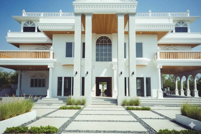 รพ.นพรัตนราชธานี คุ้มเกล้า 1.9 กม. นิคมอุตสาหกรรมลาดกระบัง ขายคฤหาสน์ บ้าน 3.5 ชั้น กว้างใหญ่ 280 ตร.วา. 608 ตร.ม.ติดทะเลสาบ 5นอน 5 น้ำ 